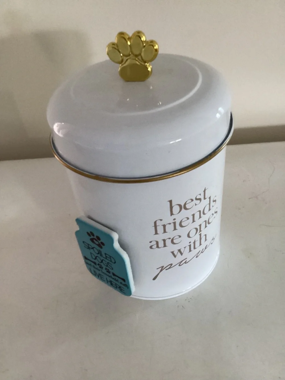 White Best Friends With Paws treat storage can and Spoiled Dogs Magnet